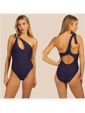 NWOT  Trina Turk Size 8 Adeline One Shoulder One Piece Swimsuit Navy Gold